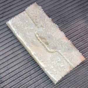 Vintage Newey England Faux Pearl Floral Beaded Ivory Satin Clutch Purse